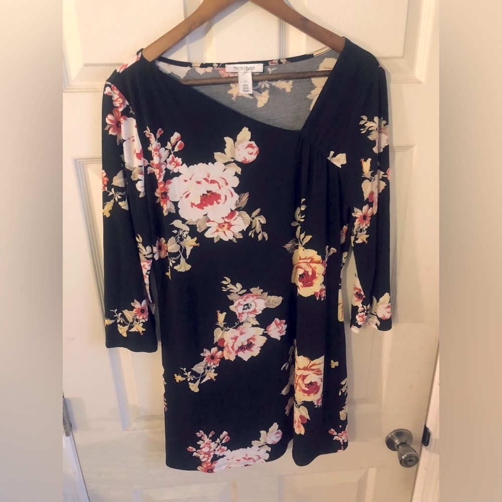 White House Black Market Black & Pink Rose Floral Asymmetrical Mini-Dress, L